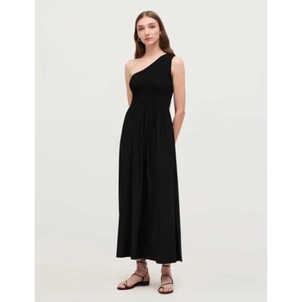 NEW Hill House Home Thea Nap Dress One Shoulder Black Jersey Smocked Midi XS